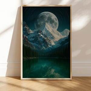 Riesiger Mond Berg Druck, surreale Fantasy Landschaft Poster, verschneite Spitze Wald Wandkunst, Nachthimmel digitaler Download