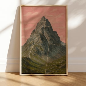 Stampa murale "Torn Mountain", stampa digitale "Surreal Pink Sky", poster di paesaggio in stile collage, decorazione stampabile con tema natura sognante