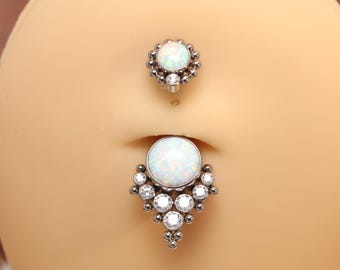 Silber Opal CZ Perlen Bauchnabel Ring, G23 Titan Bauchnabel Piercing, Zierlicher Bauch Barbell Schmuck, hypoallergenes Geschenk für Sie