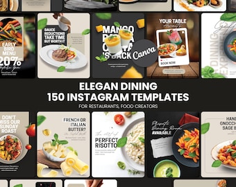 May include: A collection of 150 Instagram templates for restaurants and food creators. The templates feature various food and dining themes, including early bird menus, risotto, pasta, and romantic dinner settings. The text includes phrases like "Elegant Dining" and "Book Now."