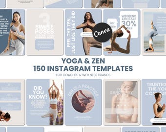May include: A set of Instagram templates for yoga and wellness brands. The templates feature images of people practicing yoga, with text overlays in a light blue and white colour scheme. The text includes phrases like "Yoga & Zen" and "Weekend Zen Sale".