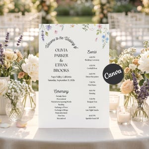 Floral Wedding Program Template, Editable Canva Ceremony Timeline Flyer