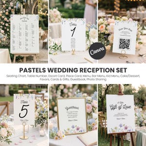 May include: A collection of pastel-themed wedding reception signs. Includes a seating chart, table numbers, guestbook, and signs with text like "Share Your Smile" and "A Little Gift of Love." Floral arrangements and gold accents complement the designs.