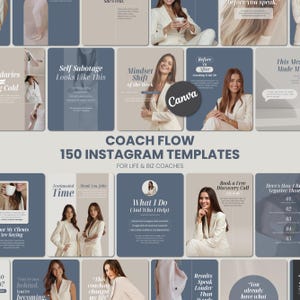 Puede incluir: Un conjunto de 150 plantillas de Instagram para coaches de vida y negocios. Las plantillas presentan un diseño moderno en tonos azules y beige. El texto incluye frases como "Self Sabotage Looks Like This" y "Mindset Shift of the Week".