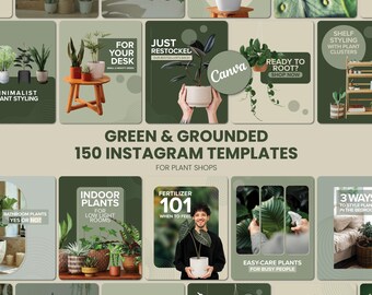 May include: Instagram templates for plant shops, showcasing diverse plant arrangements and design elements. The templates include text such as "Green & Grounded", "Indoor Plants", and "Fertilizer 101". The color scheme is predominantly green and white.