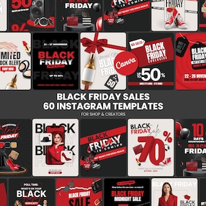 May include: A selection of Black Friday sales Instagram templates. The designs use a red, black, and white colour scheme, with text such as "Black Friday" and sale percentages. The templates include product images and promotional offers.