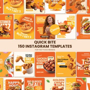 Può includere: Una raccolta di modelli Instagram per marchi di fast food. I modelli presentano immagini di hamburger, pollo fritto e altri cibi da asporto. Il testo include "Quick Bite" e "150 Instagram Templates". La combinazione di colori è arancione e bianco.