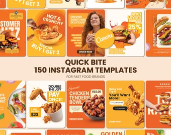 May include: A collection of Instagram templates for fast food brands. The templates feature images of burgers, fried chicken, and other fast food items. Text includes "Quick Bite" and "150 Instagram Templates". The color scheme is orange and white.