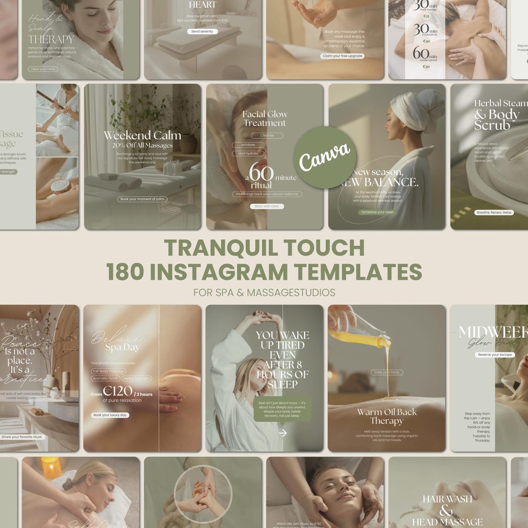 Spa & Massage Instagram Canva Templates – Elegant Social Media Kit for ...