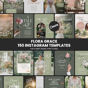 Può includere: Una collezione di modelli Instagram per fioristi, con composizioni floreali ed elementi di design. I modelli includono testo come "Flora Grace", "150 modelli Instagram" e "Per fioristi, eventi floreali". La tavolozza dei colori è morbida e naturale.