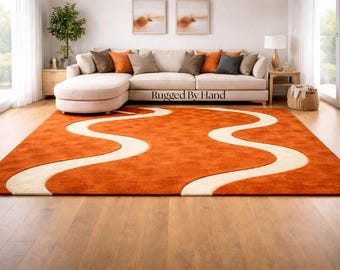 Alfombra abstracta naranja con mechones hechos a mano, tamaño personalizado, 8 x 10, 9 x 12, alfombras hechas a mano para sala de estar, alfombra moderna, alfombra de lana, alfombra para dormitorio y decoración del hogar.