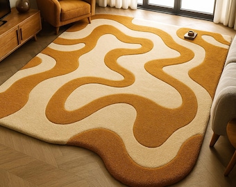 Handgemaakt vloerkleed handgetuft wollen vloerkleed | Oranje en crème onregelmatig tapijt met modern golvend abstract patroon