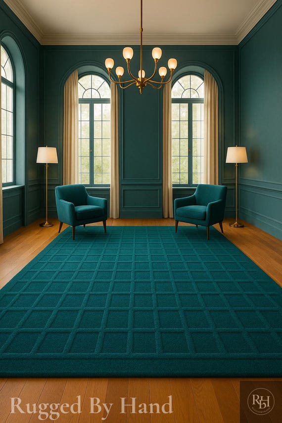 Contemporary Rug Hand Tufted Rug Teal Wool Rug: Modern Geometric Grid Pattern, 5x8