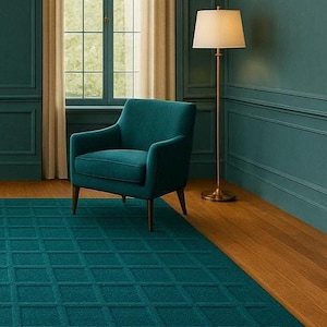 Handcrafted teal wool area rug featuring a minimalist geometric grid design, styled in a high-ceiling room with teal paneled walls, natural wood flooring, and gold accents for a modern, refined look.