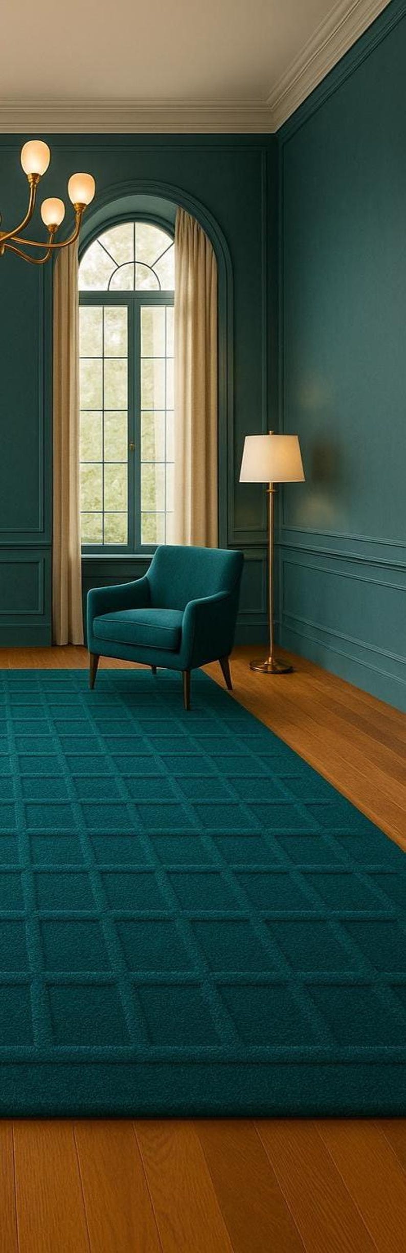 Handcrafted teal wool area rug featuring a minimalist geometric grid design, styled in a high-ceiling room with teal paneled walls, natural wood flooring, and gold accents for a modern, refined look.