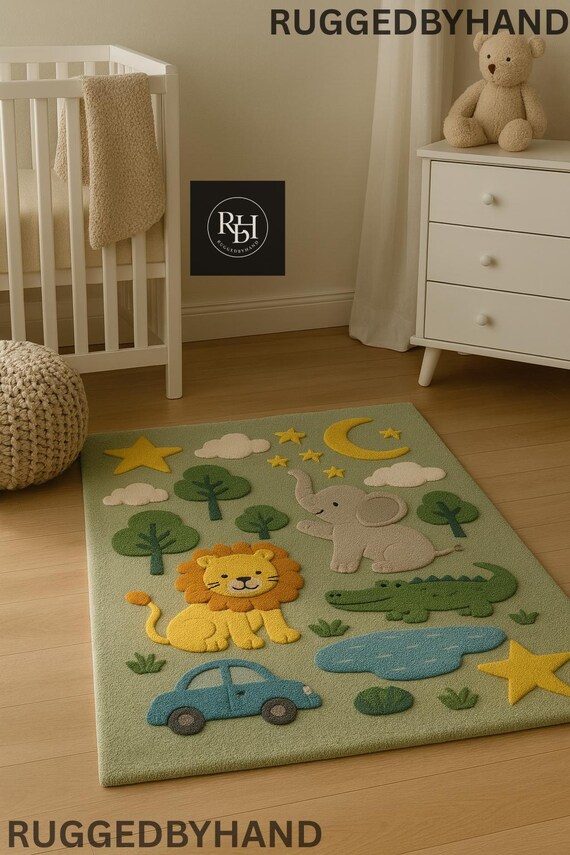 Hand-Tufted Wool Nursery Rug: Colorful Jungle Animals Kids Play Mat