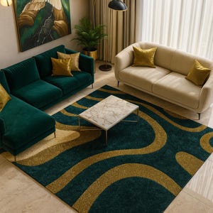 May include: A living room scene featuring a teal rug with gold wave patterns, a marble-topped coffee table, and two sofas. One sofa is teal, and the other is beige. Gold throw pillows and a painting complete the decor.