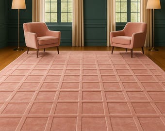 Hand Tufted Grid Pattern Blush Pink Wool Area Rug Custom Size  8x10, 9x12 Rug Soft Modern Rug for Living Room Bedroom Hallway And Home Decor