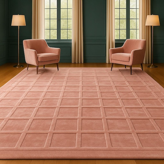 Hand Tufted Grid Pattern Blush Pink Wool Area Rug Custom Size  8x10, 9x12 Rug Soft Modern Rug for Living Room Bedroom Hallway And Home Decor
