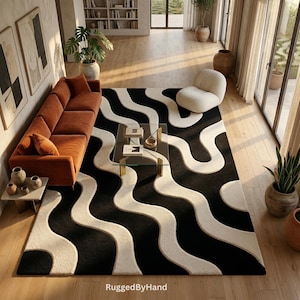 Handmade Rug Hand Tufted Wool Rug | White and Black Rectangular Carpet with Modern Abstract Wave Pattern for Interior Decor