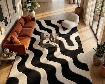 Handmade Rug Hand Tufted Wool Rug | White and Black Rectangular Carpet with Modern Abstract Wave Pattern for Interior Decor