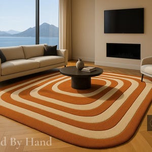 Modern Burnt Orange Rug Hand Tufted Rounded-corner rectangl wool Rug Luxury Geometric Rug for Living Room,Burnt Orange & cream Wool Rug 5x8,