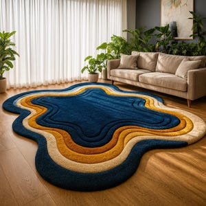 Irregular Rug Wavy rug Hand-Tufted Wool Rug in Blue and Mustard Wool Area Rugs for Living Room Wavy Contemporary Rugs  6x9, 9x12 Custom Rug.