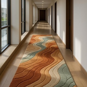 Tapis de luxe en laine à long terme, sculpté en 3D, laine beige terracotta et bleu sarcelle, motif vagues organiques pour entrée de couloir, dimension personnalisée 3 x 10