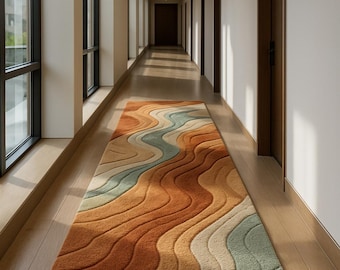 Luxury long runner wool rug 3D sculpted terracotta beige and teal wool area rug organic waves design for hallway entryway Custom Size 3 x 10