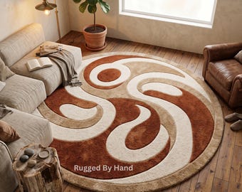 Large Round Area Rug Handmade Custom Size 6x6 Ft Abstract Carpet Brown Ivory Beige Tufted Rug Modern Home Decor Living Room Bedroom Rug