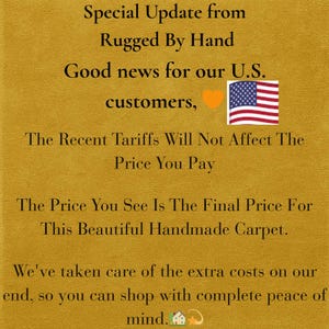 May include: Text on a gold background reads "Special Update from Rugged By Hand. Good news for our U.S. customers." An American flag is displayed. The text continues, "The Recent Tariffs Will Not Affect The Price You Pay."