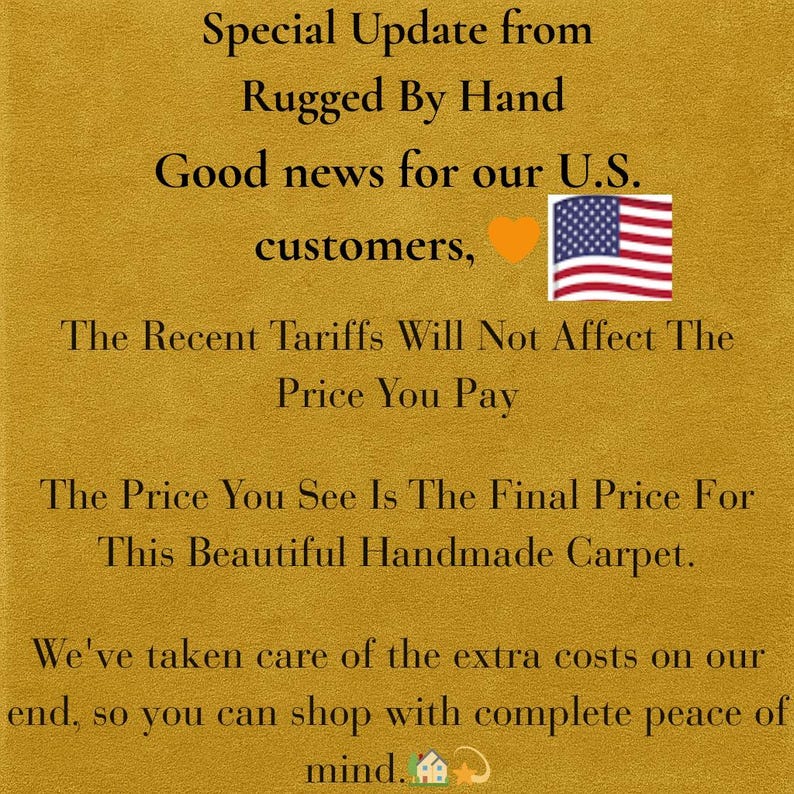 May include: Text on a gold background reads "Special Update from Rugged By Hand. Good news for our U.S. customers." An American flag is displayed. The text continues, "The Recent Tariffs Will Not Affect The Price You Pay."