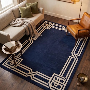 Hand getufteter Wollteppich marineblau geometrische griechische Schlüsselmuster Creme Grenze Rechteck Teppich Premium dicken Flor Wollteppich für Schlafzimmer.