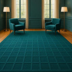 Plush teal wool rug with square grid pattern, hand-tufted for premium comfort and style, perfectly complementing a contemporary living space with rich teal furniture and elegant gold lighting.