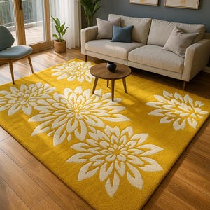 Rectangal Rug Yellow Floral Area Rug– Hand-Tufted Wool Carpet for Living Room, Modern Flower Rug, Bright Accent Rug, Large Dahlia Design Rug