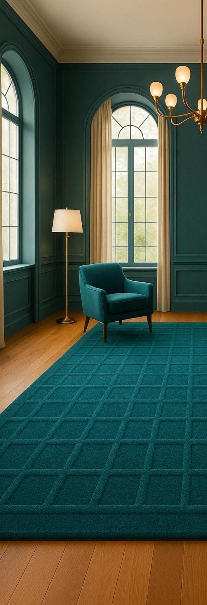 A luxury hand-tufted teal wool rug with a modern square grid pattern, placed in an elegant living room with teal armchairs, gold floor lamps, and large arched windows, creating a sophisticated and cozy atmosphere.