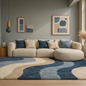 Rectangal Rug Abstract Wavy Rug Blue Beige Cream Hand-Tufted  8x10 Wool Area Rugs for Living Room,Modern Design Rug 6x9, 9x12 Custom Rugs