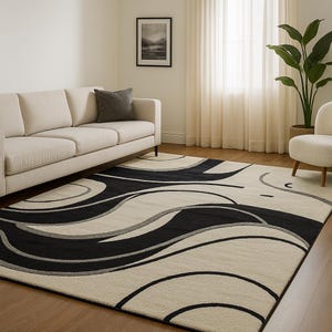 Rectangle Rug Hand Tufted Stylish Beige and Black Wool 8x10 Area Rug for Living Room & Dining Room Abstract Hallway 6x9 Rugs 5×7 custom Rug