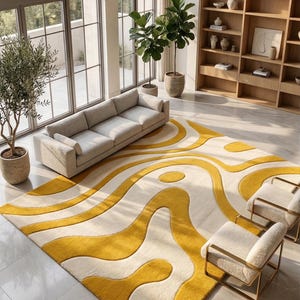 Handmade Rug Hand Tufted Wool Rug | Yellow and Cream Rectangular Carpet with Modern Wavy Line Design for Living Room