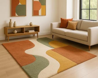 Unique Mid Century Inspired Rug Featuring Geometric Waves in Olive Green, Yellow, Cream, and Terracotta – Handmade Modern Living Room Carpet