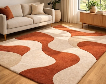 Hand Tufted Wool Rug Modern Abstract Area Rug Terracotta Cream Wavy Pattern Luxury Plush Carpet Living Room Bedroom Office Floor Decor.