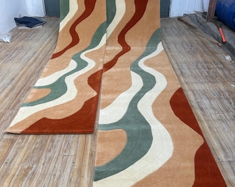 Luxury long runner wool rug 3D sculpted terracotta beige and teal wool area rug organic waves design for hallway entryway Custom Size 3 x 10
