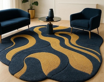 Modern irregular Rug Wavy Tufted Wool Rug in Navy Blue Mustard Yellow Sculpted Contemporary Area Rug for Living Room Decor Abstrac Carpet