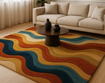 Hand Tufted rug Wool Wavy Tufted Rug: Burnt Orange, Teal & Mustard - Retro Modern Style