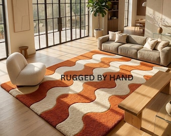 Handgemaakt vloerkleed handgetuft wollen vloerkleed | Oranje en crème rechthoekig tapijt voor woonkamer modern interieur