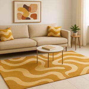 Mustard Yellow Abstract Wavy Rug – Hand Tufted Wool | Rug for Living Room | Modern Designer Area Rug |for Bedroom Custome size 6 x 9 , 5 x 8