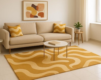 Handgetufteter Wollteppich | Senfgelber rechteckiger Teppich mit modernem Wellenliniendesign für Wohnzimmer