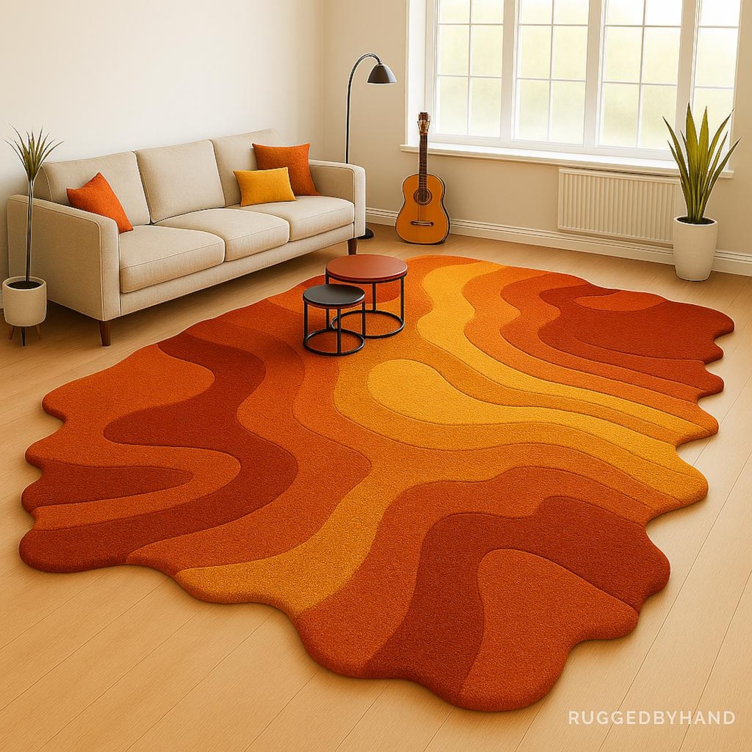 Scorched Rug Hand Tufted Rug Burnt Orange Wool Rug: Modern Abstract Wavy Design - Etsy