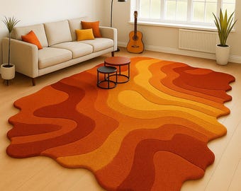 Hand Tufted Rug Burnt Orange Wool Rug: Modern Abstract Wavy Design