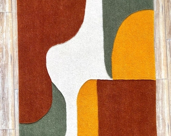 Unique Mid Century Inspired Rug Featuring Geometric Waves in Olive Green, Yellow, Cream, and Terracotta – Handmade Modern Living Room Carpet
